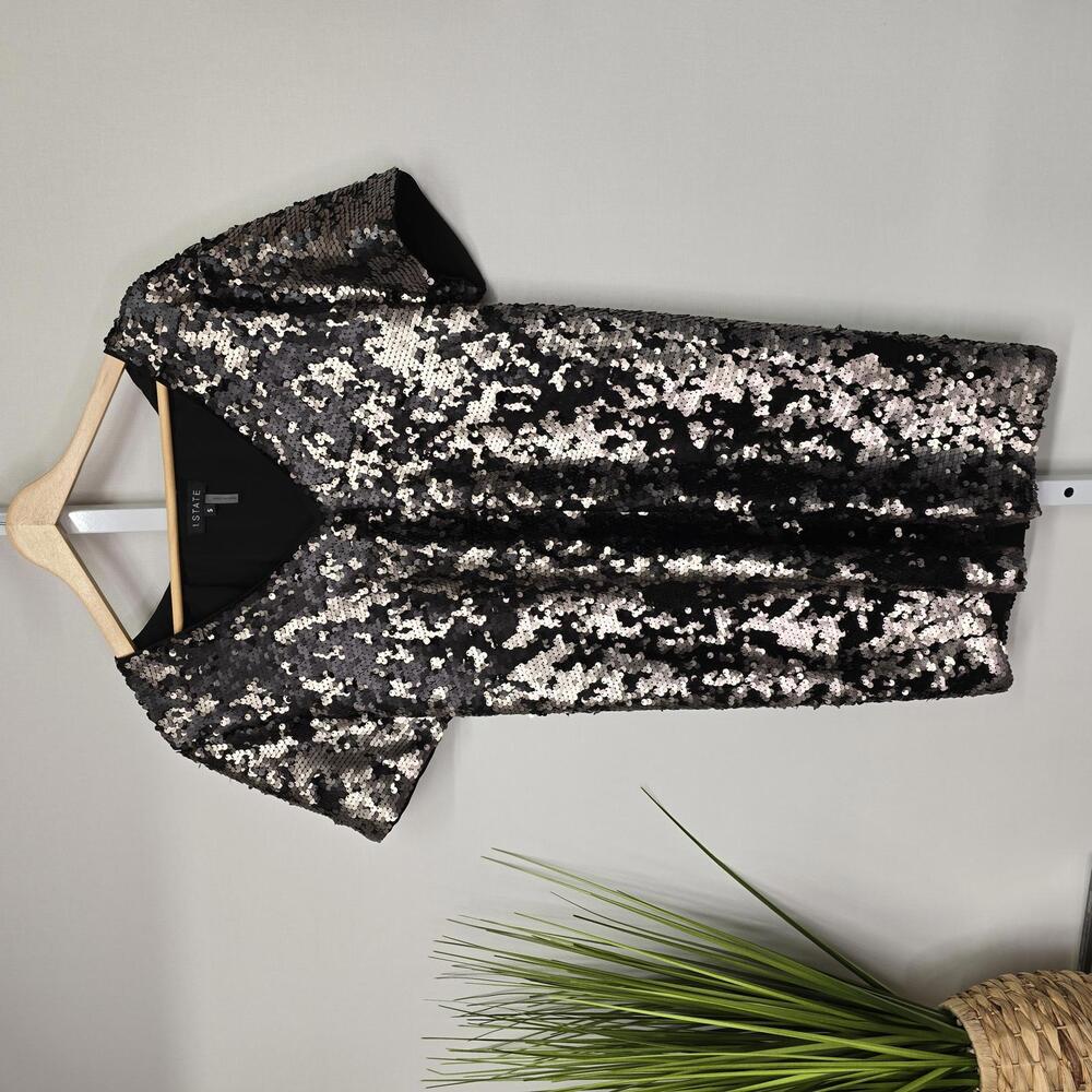 1.STATE Womens Sequin‎ V-Neck Short Sleeve Shift Mini Dress Black Silver Small